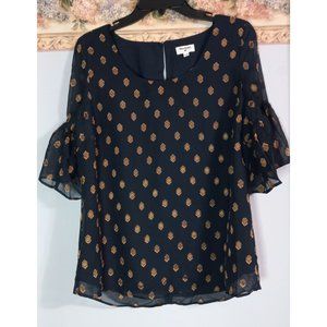 World Market S/M Blue Gold Diamond Flowy Casual Business Occasion Lined Top